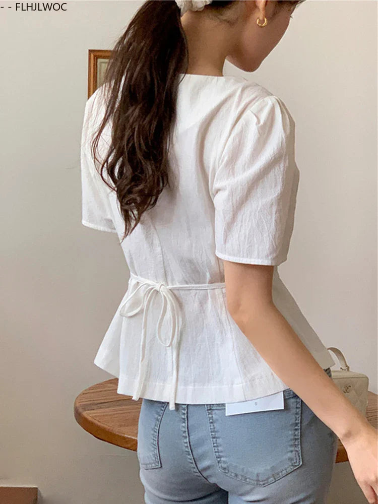 Cralom Retro Summer Crop Tops: Chic Bodycon Slim Fit Peplum Button Shirts