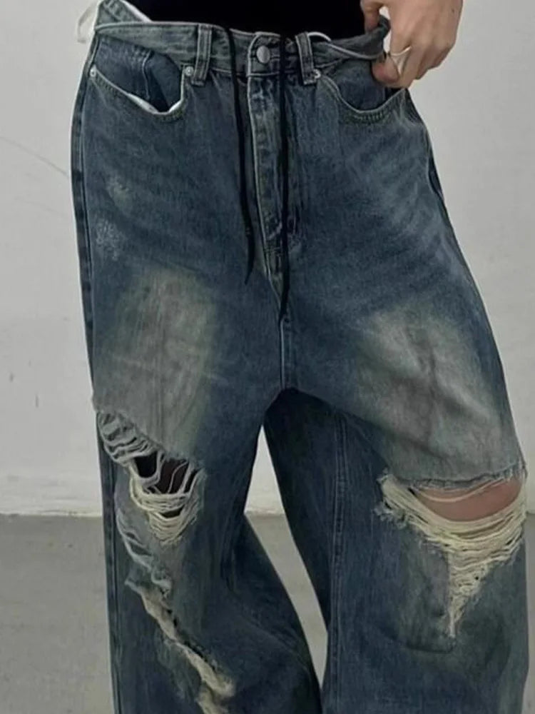 Cralom Distressed Washed Wide Leg Jeans - Y2K Streetwear High Waist