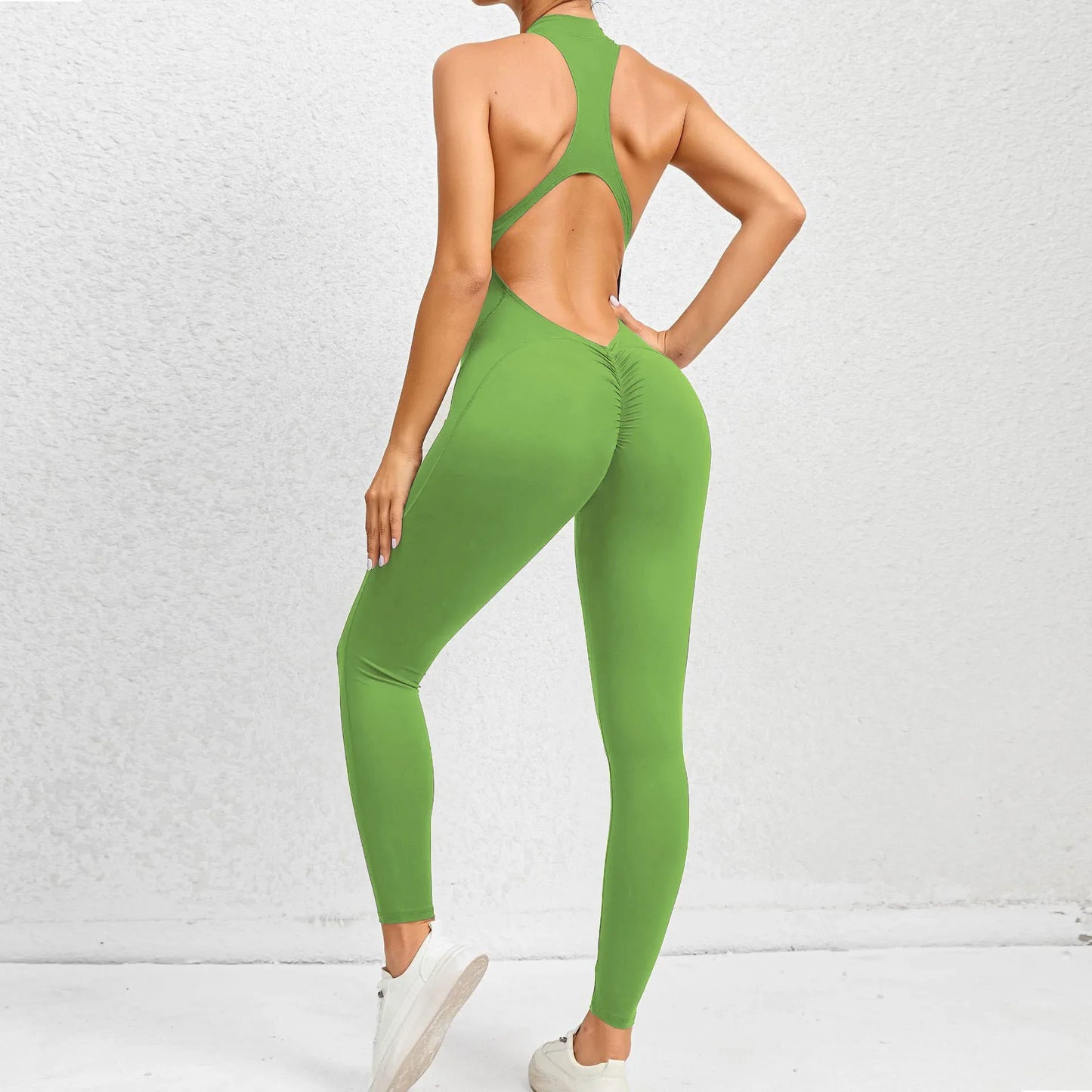 Cralom Seamless Zip Front Yoga Jumpsuit - Booty Ruched - Workout Bodysuit