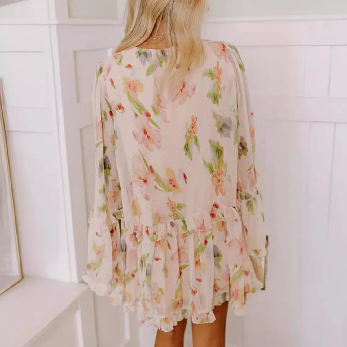 Cralom Sweet Mushroom Edge Double Layered V-neck Mini Dress