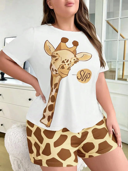 Cralom Giraffe Print Milk Silk Summer Pajama Set