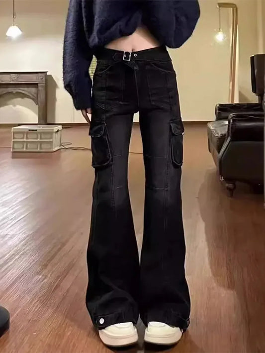 Cralom Vintage Black Flare Jeans Women High Waist Slim Straight Pants