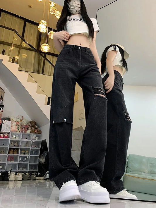 Cralom High Waist Black Wide Leg Jeans - Korean Style Streetwear Denim Pants