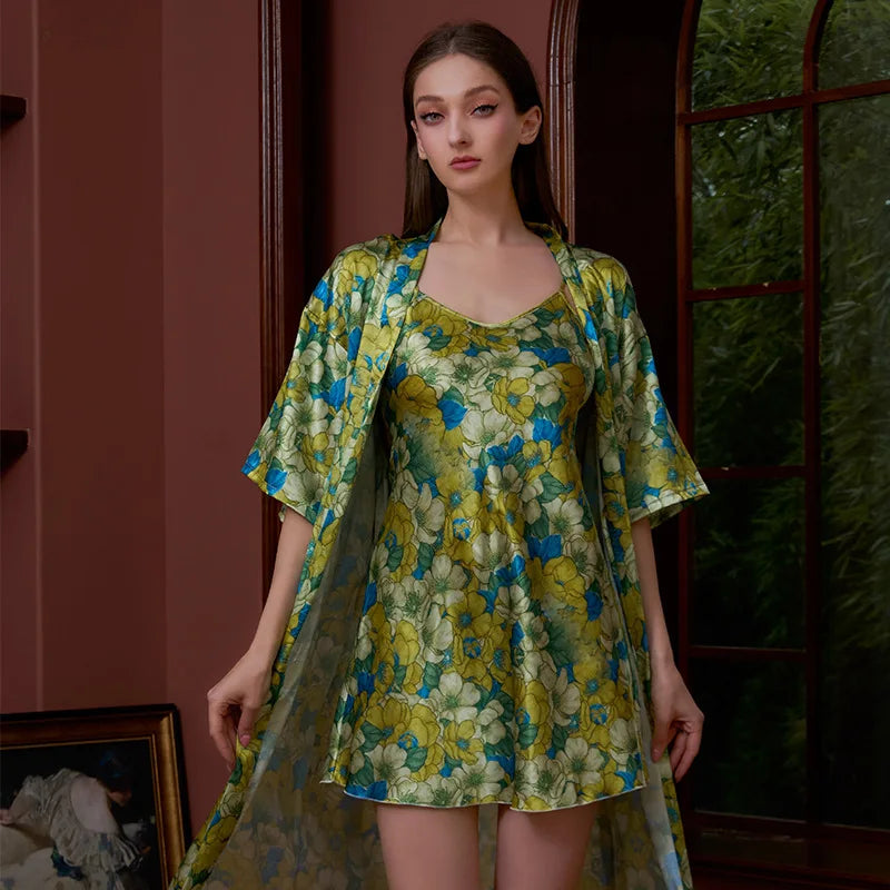 Elegant Floral Print Satin Pajama Set with Robe, Dress, and Suspender - Cralom