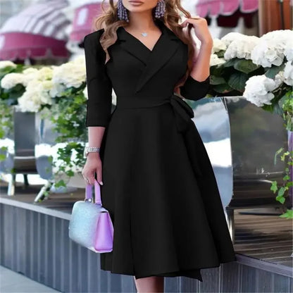 Cralom V-Neck Printed Long Sleeve Dress with Waist Cinching
