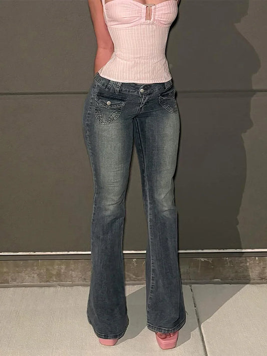 Cralom Vintage Flare Jeans - Low Waist Slim Straight Pants for Women