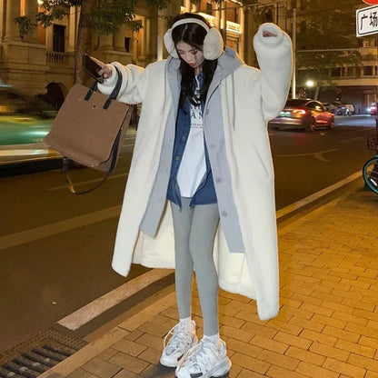 Cralom Imitation Lambswool Long Coat with High Hood, Korean Style Two-piece Design