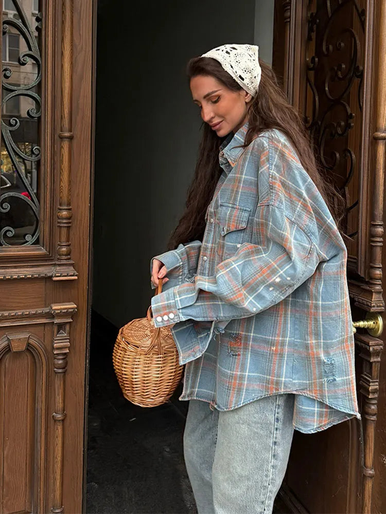 Cralom Vintage Oversized Denim Plaid Shirt with Lapel Pocket
