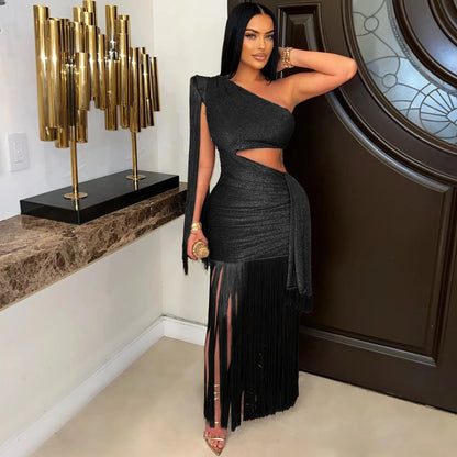 Cralom One Shoulder Tassel Long Dress