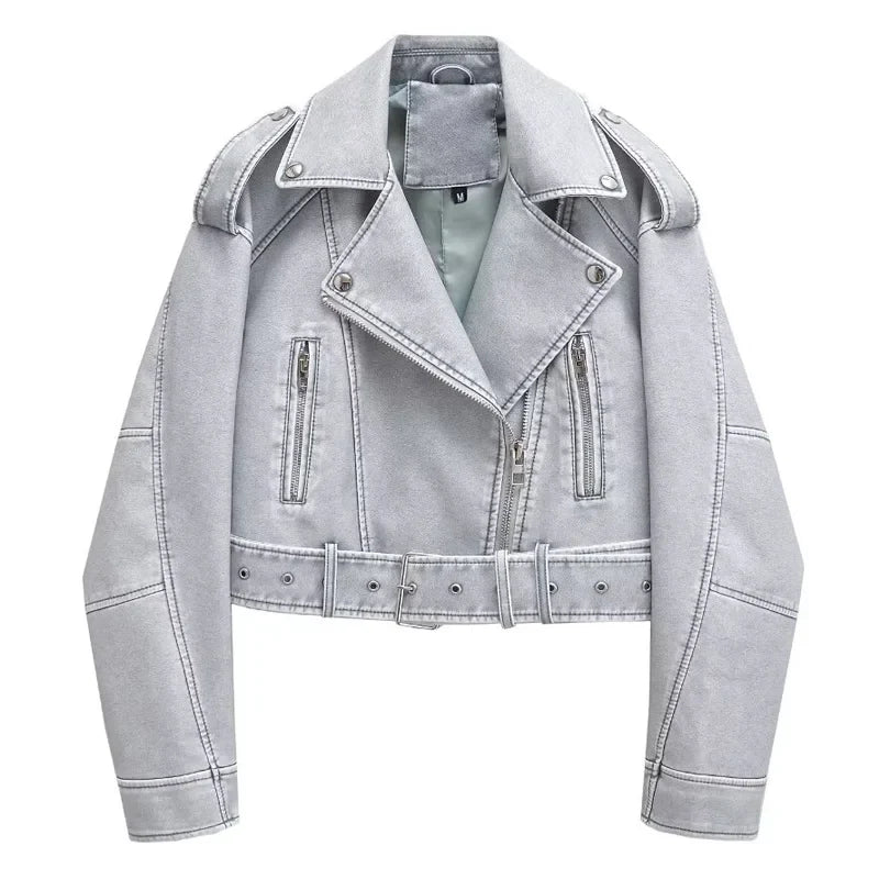 Cralom Chic Lady Lapel Zipper Leather Jacket - Women's Motorcycle Coat