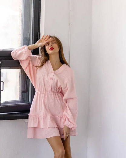 Cralom Women's Layered V-Neck Button Dress - 2024 Summer Collection