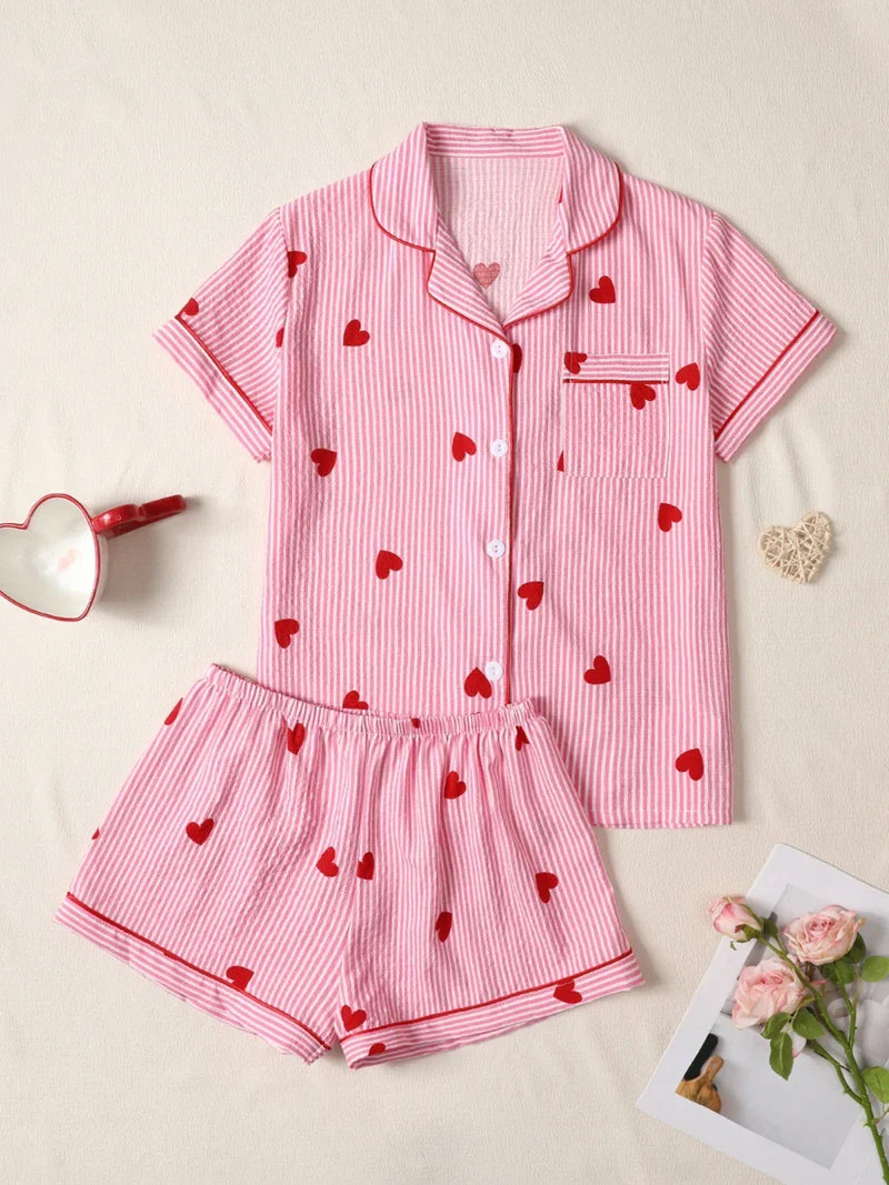 Cralom Pink Heart Print Pajama Set: Short Sleeve Top, Elastic Shorts Homewear