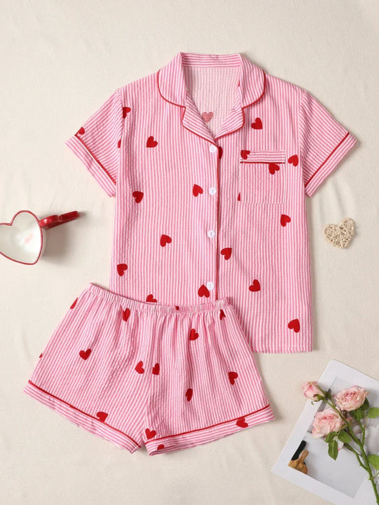 Cralom Pink Heart Print Pajama Set: Short Sleeve Top, Elastic Shorts Homewear