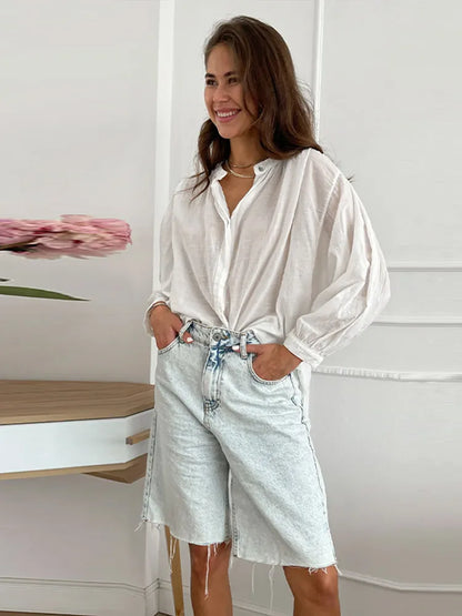 Cralom Solid Chiffon Shirt O Neck Long Sleeve Elegant Blouse