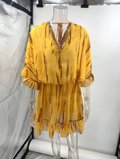 Cralom Diamond Print V-Neck Bat Sleeve Chiffon Dress
