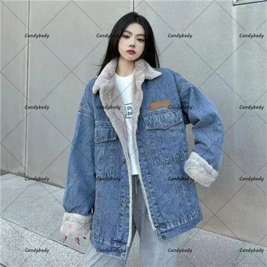 Cralom Lamb Wool Denim Jacket: Street Fashion Thickening, Trendy & Casual, Unisex Fit