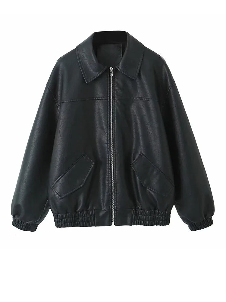 Cralom Retro Loose Faux Leather Jacket - Women's Moto Zip Coat