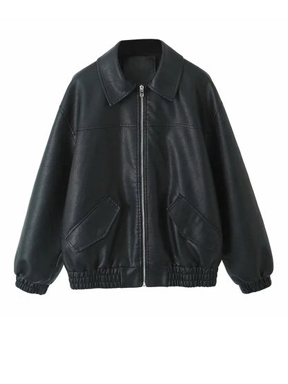 Cralom Retro Loose Faux Leather Jacket - Women's Moto Zip Coat