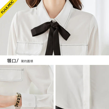 Cralom White Bow Tie Office Blouse Women's Workwear Office Chic Button-Up