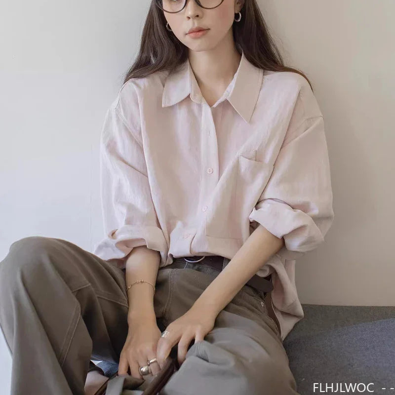 Cralom Retro Vintage Button-Up Blouse_Long Sleeve Loose Fit Boyfriend Style