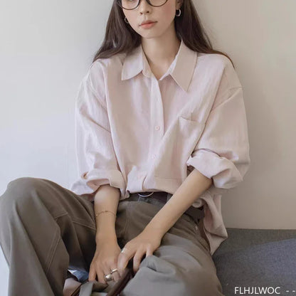 Cralom Retro Vintage Button-Up Blouse_Long Sleeve Loose Fit Boyfriend Style