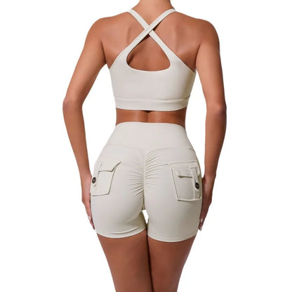 Cralom Yoga Sets: Peach Hip-lifting Shorts & Cross Back Vest for Women