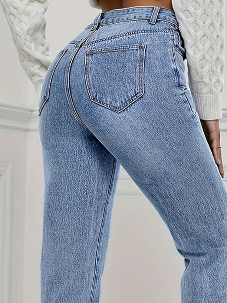 Cralom High Waist Distressed Blue Jeans Women's Streetwear Slim Fit Pencil Pants