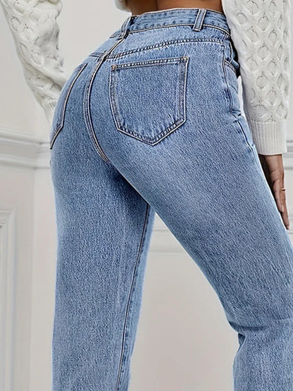 Cralom High Waist Distressed Blue Jeans Women's Streetwear Slim Fit Pencil Pants