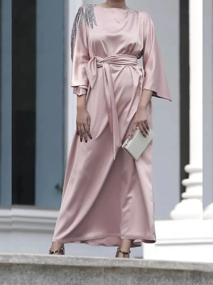 Pink Satin Ramadan Eid Abaya by Cralom - Modest Muslim Dress - Dubai Style