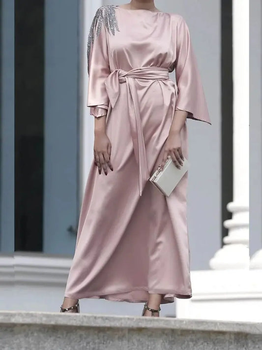 Pink Satin Ramadan Eid Abaya by Cralom - Modest Muslim Dress - Dubai Style