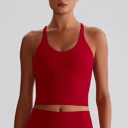 Cralom Nude Yoga Top with Detachable Chest Pads and Crossover Back