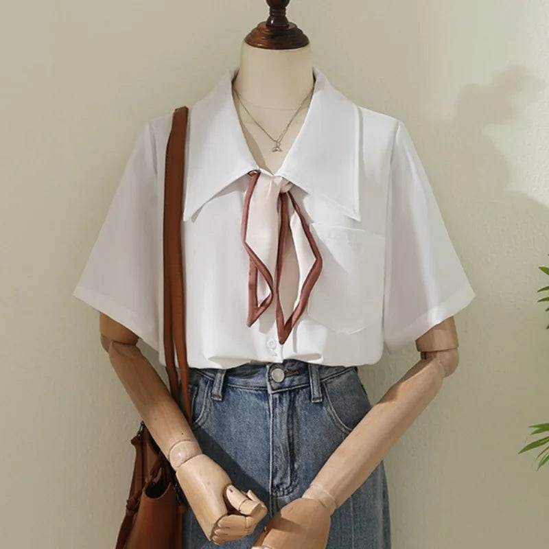 Cralom Women's White Button-Up Bow Tie Blouse