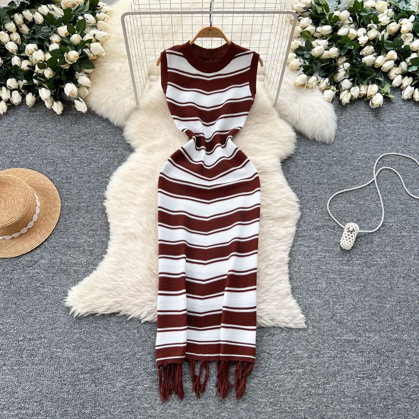 Cralom Ribbed Striped Tank Maxi Dress with Tassel Detail