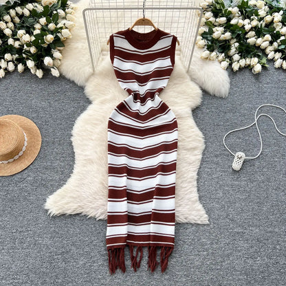 Cralom Ribbed Striped Tank Maxi Dress with Tassel Detail