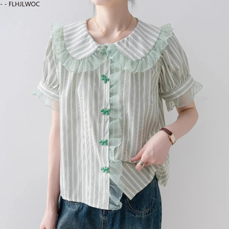 Cralom Butterfly Button Peter Pan Collar Blouse Cute Preppy Style Women Tops