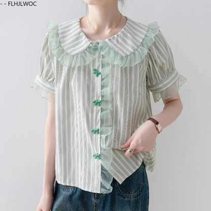 Cralom Butterfly Button Peter Pan Collar Blouse Cute Preppy Style Women Tops