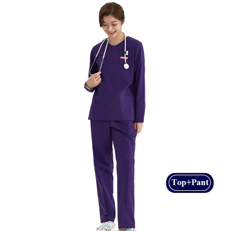 Cralom Heather Scrub Set: Men Women Zip Top, Drawstring Pants 2pc Slim Tunic