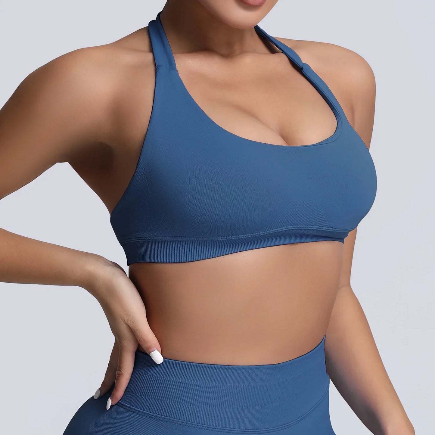 Cralom Yoga Halter Sports Bra Open Back Padded Crop Top Gym Fitness Running Top