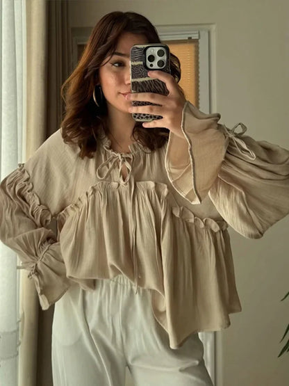 Cralom Casual Ruffles Shirt, Lantern Sleeves, Lace-Up O-Neck, Solid Color Streetwear