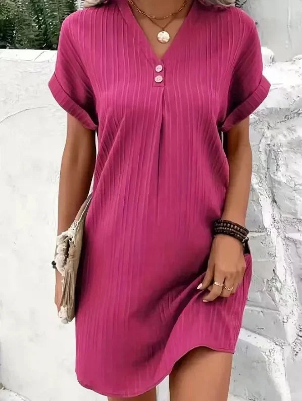 Cralom V-neck Button Top Short Sleeve Dress Solid Color Comfort 2024 Summer
