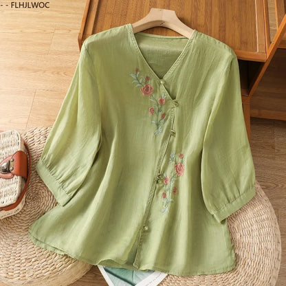 Cralom Floral Print Cotton Linen Blouse.Country Style Rustic Top for Mori Girls
