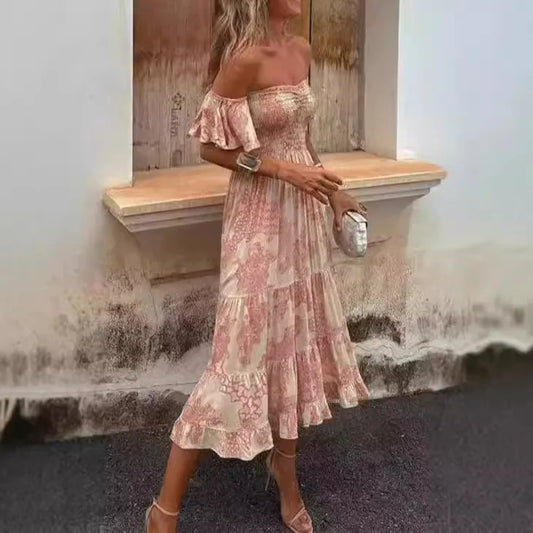 Cralom Printed Off Shoulder Dress with Lotus Leaf Sleeve