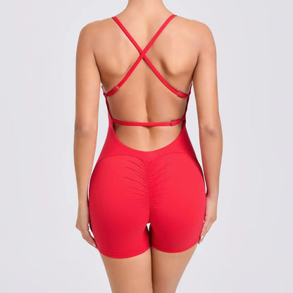 Cralom Women's Gym Fitness Jumpsuit Open Back Shorts Yoga Set