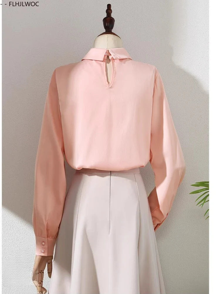 Cralom French Elegance Pink Blouse Long Sleeve Beaded Tops Office Lady New Design 2025