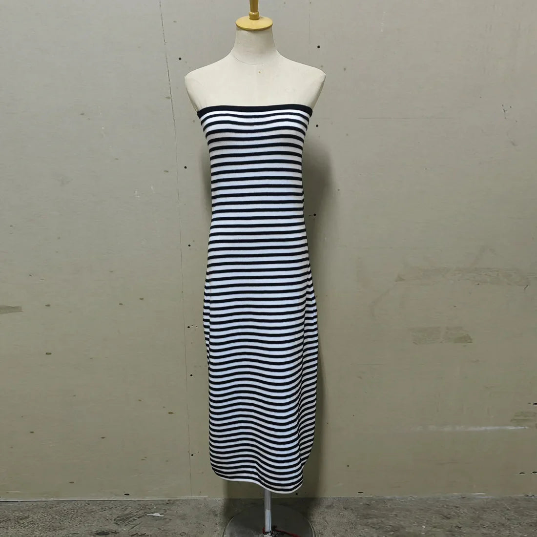 Cralom Knitted Striped Strapless Long Dress - Slim Fit, Hip Hugging Cotton Wool Woven