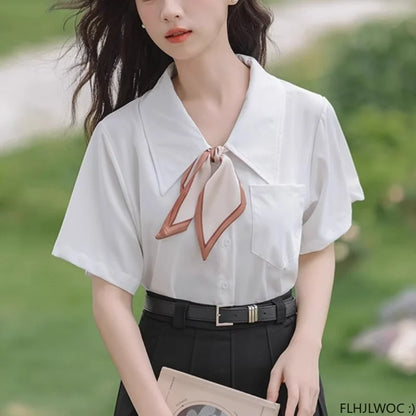 Cralom Women's White Button-Up Bow Tie Blouse