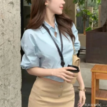 Cralom Button Blue Crop Top Blouse - 2025 Office Chic Y2K Design
