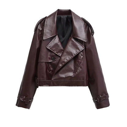 Cralom Faux Leather Jacket Casual Lady Lapel Zipper High Street Motorcycle Coat