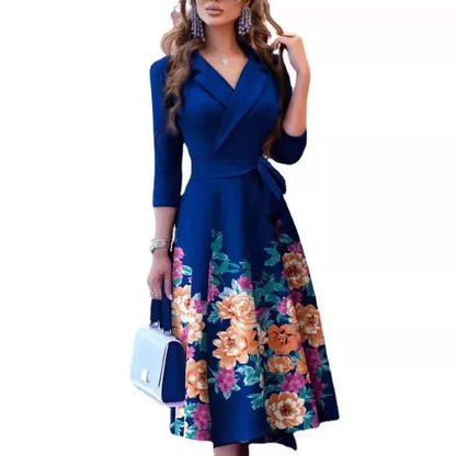 Cralom V-Neck Printed Long Sleeve Dress with Waist Cinching
