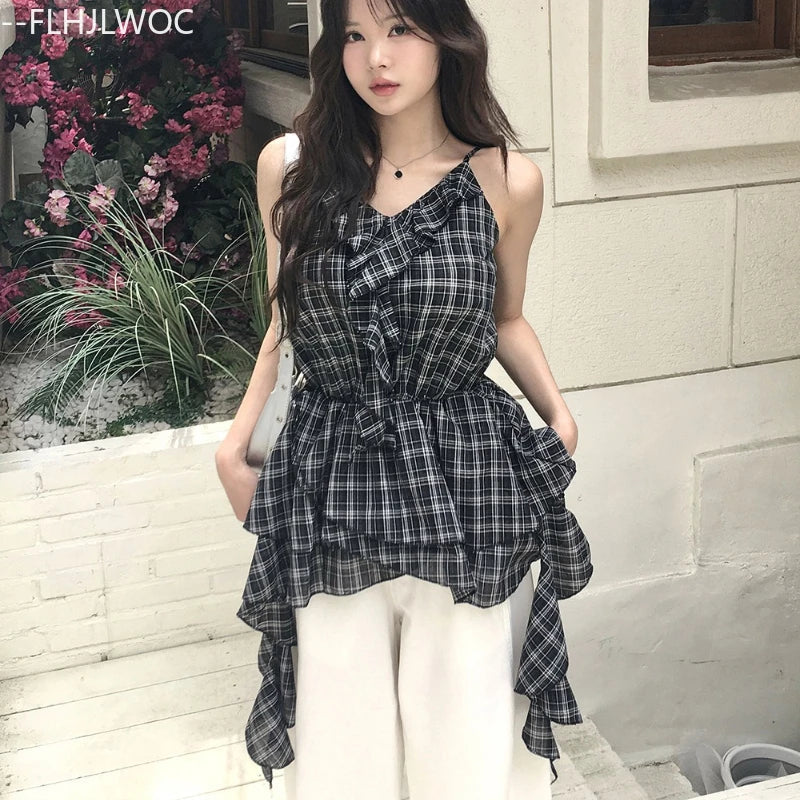 Cralom Plaid Peplum Top: Sleeveless Retro Ruffles and Slim Fit Blouse